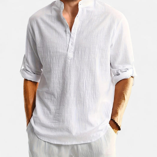 Elanclo | Men’s Linen Henley – Heritage Collarless Style