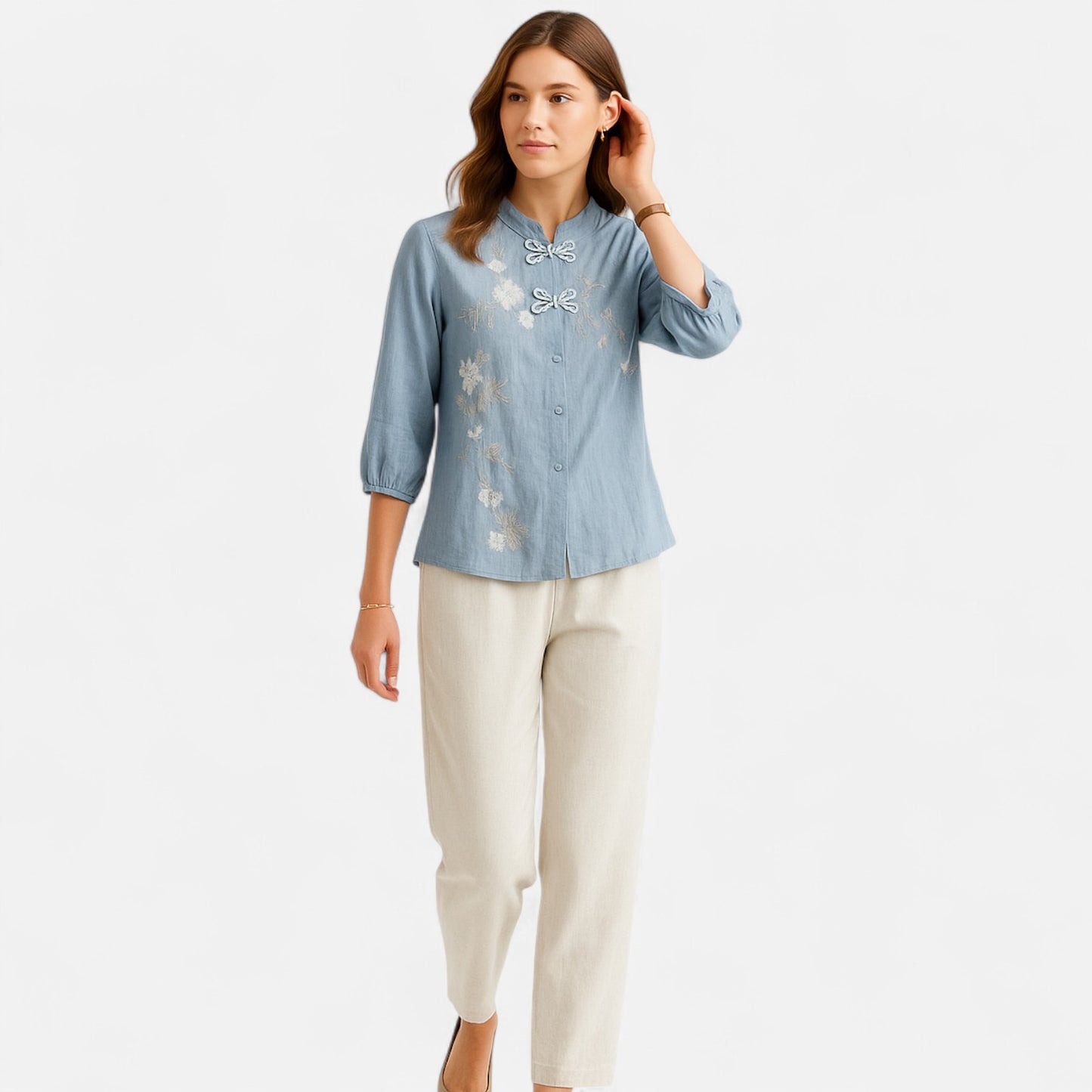 Elanclo | Women’s Vintage Frog-Button Linen Blouse