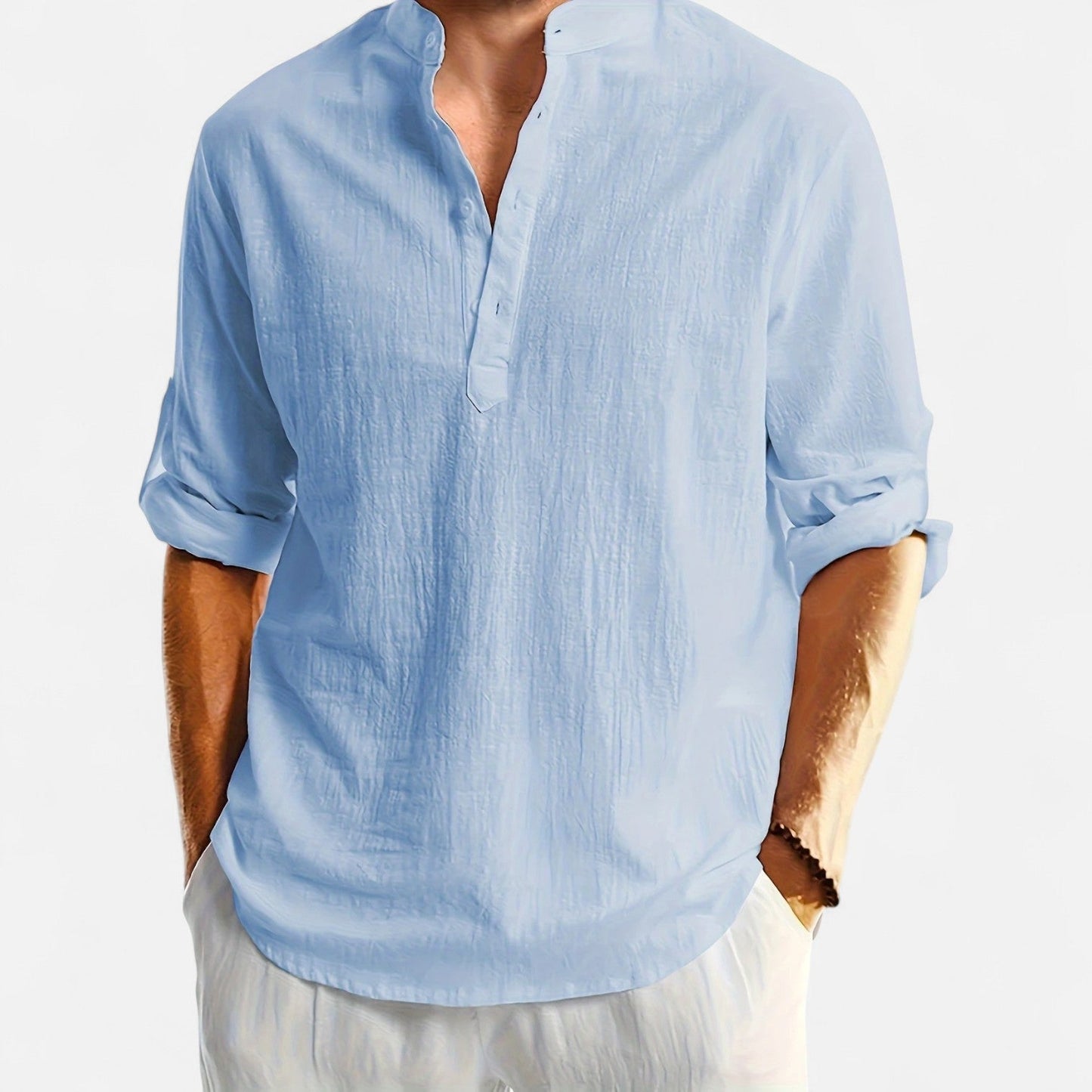 Elanclo | Men’s Linen Henley – Heritage Collarless Style