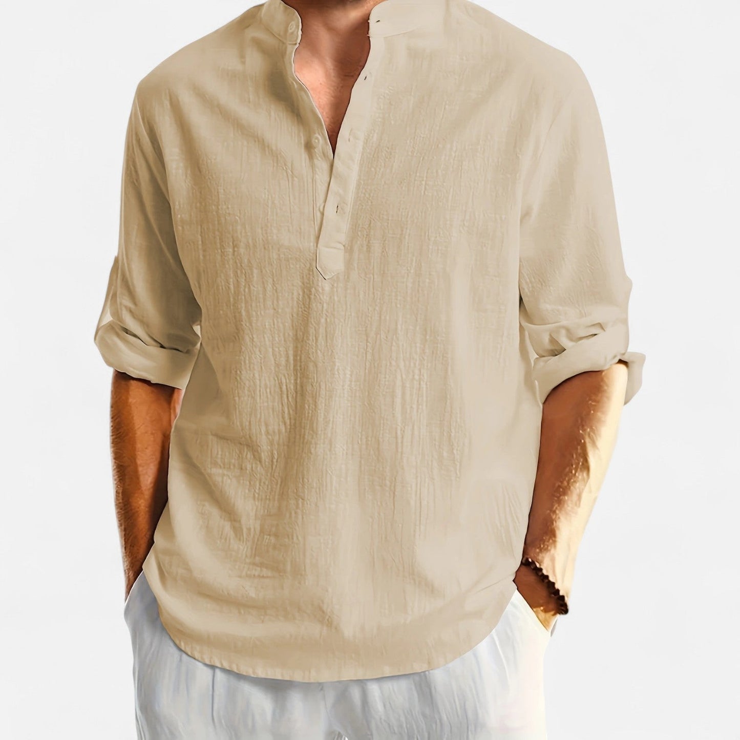 Elanclo | Men’s Linen Henley – Heritage Collarless Style