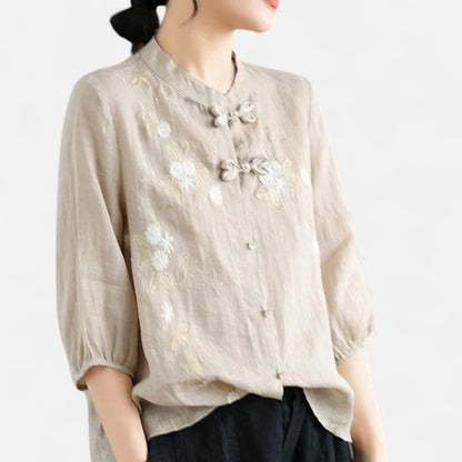 Elanclo | Women’s Vintage Frog-Button Linen Blouse