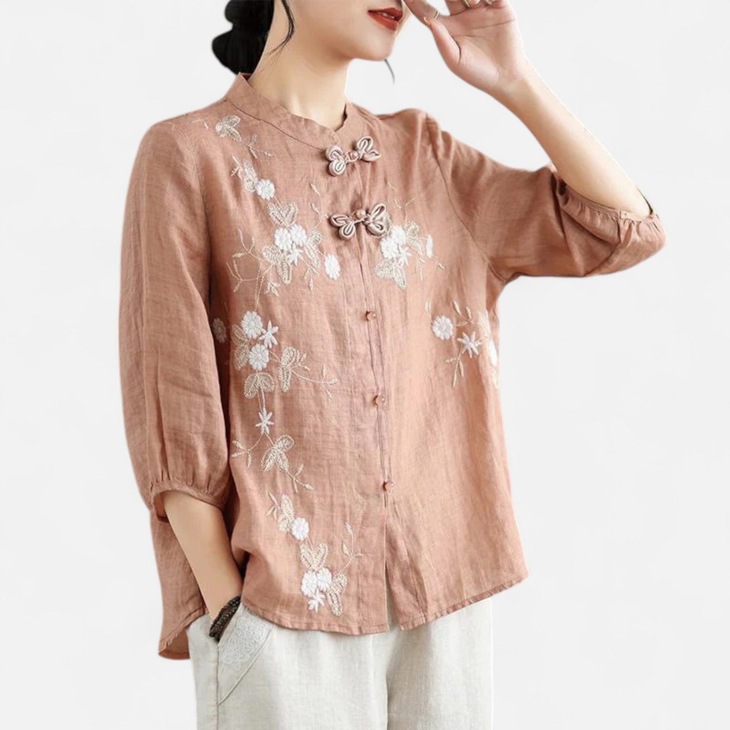Elanclo | Women’s Vintage Frog-Button Linen Blouse