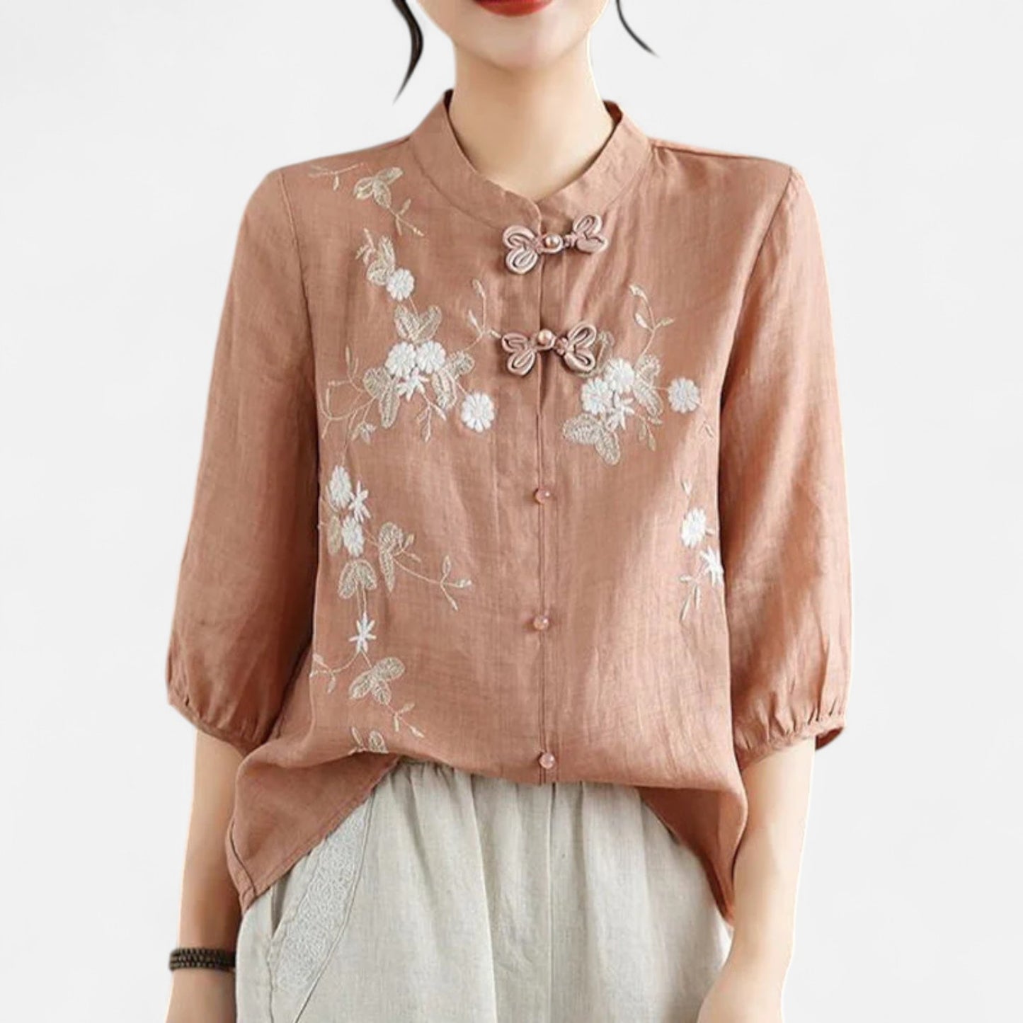 Elanclo | Women’s Vintage Frog-Button Linen Blouse