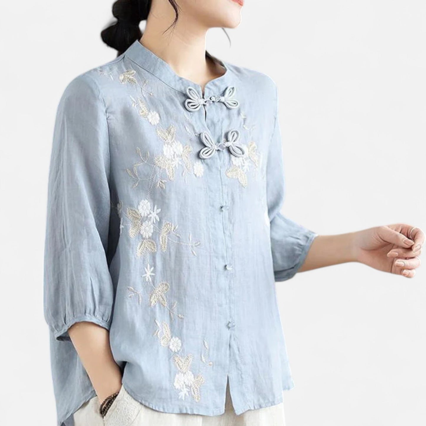 Elanclo | Women’s Vintage Frog-Button Linen Blouse