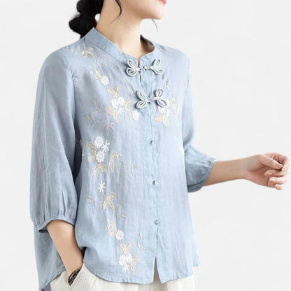 Elanclo | Women’s Vintage Frog-Button Linen Blouse