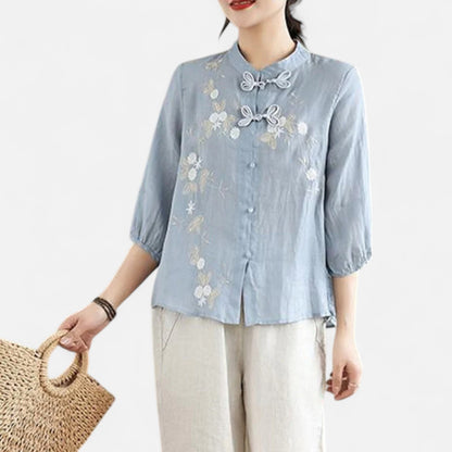 Elanclo | Women’s Vintage Frog-Button Linen Blouse